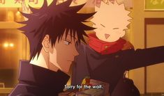 two anime characters with their arms around each other and the caption says sorry for the wait