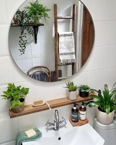 a bathroom with a mirror, sink and potted plants on the shelf in front of it