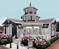 an artist's rendering of a building with flowers on the front and stairs leading up to it