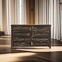 an old wooden dresser is sitting in the middle of a room