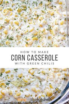 corn casserole in a glass dish with text overlay