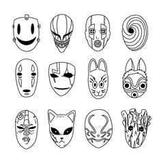 six different masks with faces drawn on them