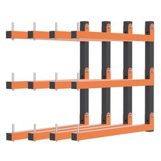 an orange and black metal rack with four different types of hooks on the top shelf