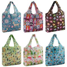 four bags with animals and trees on them, all in different colors tote bag