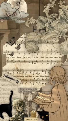 an altered collage with music sheets and cats