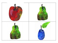 four different images of apples and pears painted in bright colors with green leaves on them