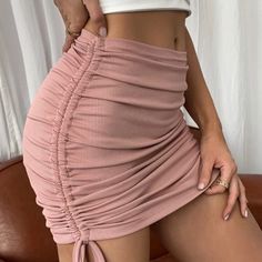 Shein Ruched Drawstring Knot Rib-Knit Bodycon Skirt New, Never Worn Size Xs Light Pink Cheap Ruched Mini Skirt, Drawstring Ruched Skirt, Casual Pink Skirt With Drawstring, Summer Ruched Pink Skirt, Casual Pink Ruched Mini Skirt, Pink Skirt, Body Con Skirt, Rib Knit, Light Pink