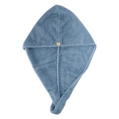 a blue baby hat with a knot on the front and side, it's attached to