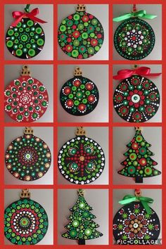 twelve handmade christmas ornament designs on red paper with green and red ribbons