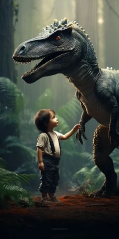 a young boy standing next to an adult dinosaur