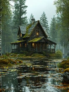 a house in the middle of a swampy area with water lilies and trees around it