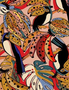 an abstract painting of birds and flowers on a pink background with black, white, red, blue, yellow and green colors