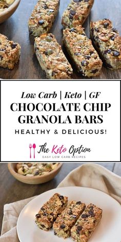 chocolate chip granola bars on a white plate with the title text overlaying