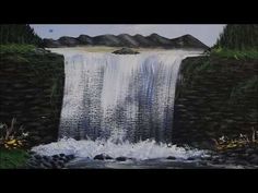 a painting of a waterfall with trees and mountains in the background