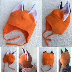 several pictures of different hats made to look like cats ears and tails are attached to the back of an animal's head