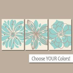 three blue and white flower paintings with the words choose your colors on each one side