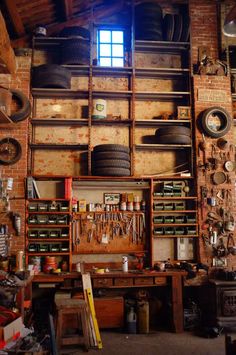 a garage filled with lots of tools and other things on the wall next to it