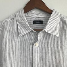 Theory Irving Stripe Linen Button-Up Shirt. Large. 100% Linen. White/Baltic, Which Is White With Dark Pinstripes. Nwt Patterned Button Up Shirts, Button Shirts Men, Work Fits, Black And White Shorts, Button Up Shirt Mens, Linen White, Long Sleeve Tops Casual, Long Sleeve Flannel, Long Sleeve Plaid Shirt