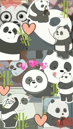 several pandas with hearts in their mouths