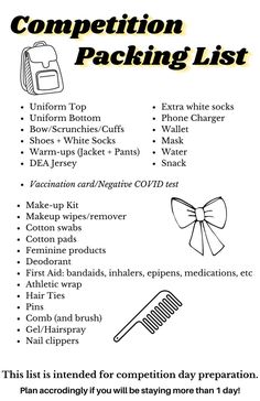 the competition packing list is shown with instructions for how to pack and where to use it