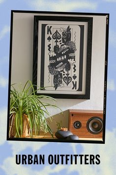 an image of the urban outfitters poster in front of a potted plant and speakers