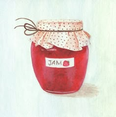 a watercolor painting of a jar of jam