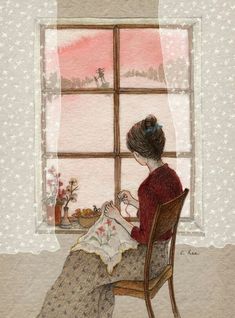 a painting of a woman sitting at a window sill looking out the window and knitting