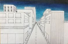 a drawing of a city street with tall buildings on either side and one building in the middle