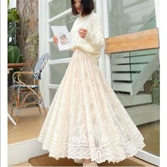 Stunning Lace Skirt Floral Cream Beige Color Comfortable Elastic Waistband Crochet Umbrella, Maxi Skirt Spring, Floral Lace Skirt, Long Skirt Summer, White Lace Skirt, Maxi Lace Skirt, Umbrella Skirt, Skirts Midi High Waisted, Womens Maxi Skirts