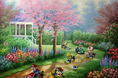 a painting of mario kart racing down a dirt road in front of trees and flowers