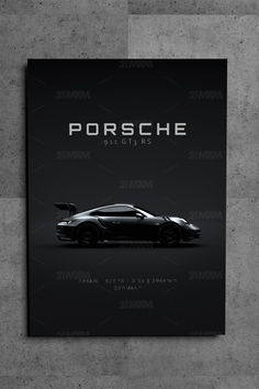 a black porsche poster with the words porsche on it's front and back side