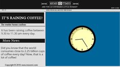 a newspaper article with a clock on the front page and an ad for it's raining coffee