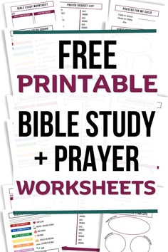 the printable bible study and prayer worksheets are shown with text that reads free print