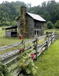 a wooden fence with flowers growing on it next to an old building in the woods