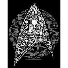 a black and white drawing of a star trek helmet with lots of symbols on it