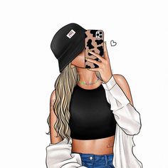 a drawing of a girl holding her phone up to her face and wearing a black hat