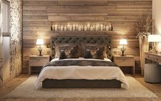 a bedroom with wooden walls and flooring has a bed, nightstands, lamps, and two night stands