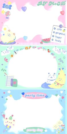 two banners with cartoon characters on them and the words party time written in different languages