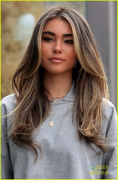 Highlights And Curtain Bangs, Short Brown Hair With Blonde Highlights, Brown Hair With Blonde, Hair With Blonde Highlights, Madison Beer Hair, Highlighted Hair, Short Brown Hair, Brown Hair With Blonde Highlights, Brown Hair Balayage