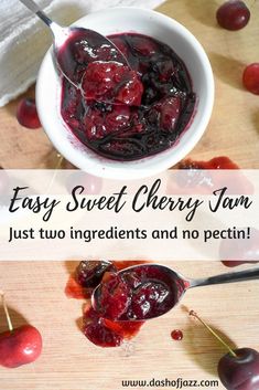 a bowl filled with cherries sitting on top of a wooden table next to a spoon