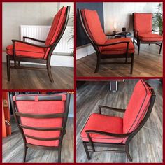 four different views of a red and black chair