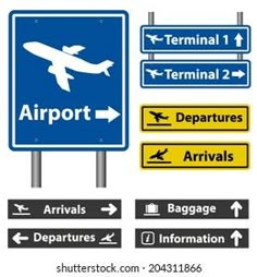 an airport sign with several different types of signs on the front and back of it