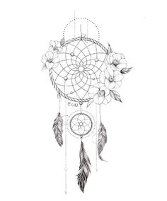 a drawing of a dream catcher with flowers and feathers