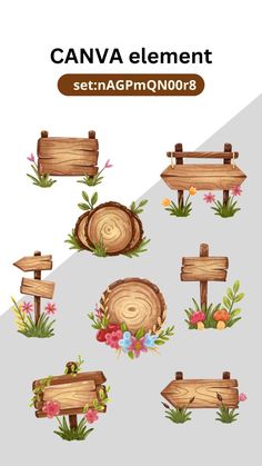 wooden signs with flowers and grass on them are shown in this cartoon style, the sign is