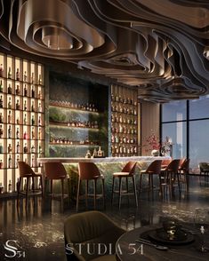 an artistic rendering of a bar with lots of bottles on the wall and chairs around it