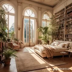 a living room filled with lots of furniture and bookshelves next to large windows