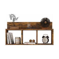 a wooden shelf with books, an alarm clock and other items on top of it