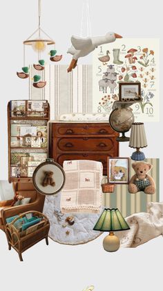 a collage of pictures with teddy bears and other things in them, including a bed, dresser, lamp, bookshelf