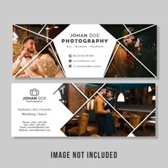 two business cards for photographers with geometric shapes and photoshopped on the front, in white