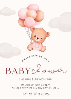 a baby shower with a teddy bear flying in the sky and holding some pink balloons